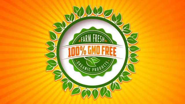 Eco green bio organic food looped label animation on sunny background