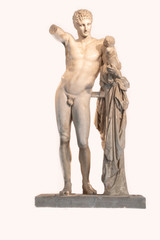 Fototapeta na wymiar Hermes and the Infant Dionysus or the Hermes of Praxiteles, an ancient Greek sculpture discovered in 1877 in the ruins of Temple of Hera in ancient Olympia, in Peloponnese, Greece. Isolated in white 