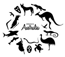 Set of Australian animals silhouettes. The nature of Australia.