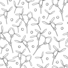 Vector monochrome seamless pattern with outline Mistletoe bunch with leaves and berry in black on the white background. Contour Mistletoe branch for Christmas winter design or coloring book.