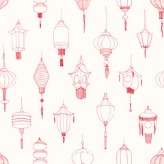 Monochrome seamless pattern with Chinese street lanterns hand drawn with contour lines on white background © Good Studio