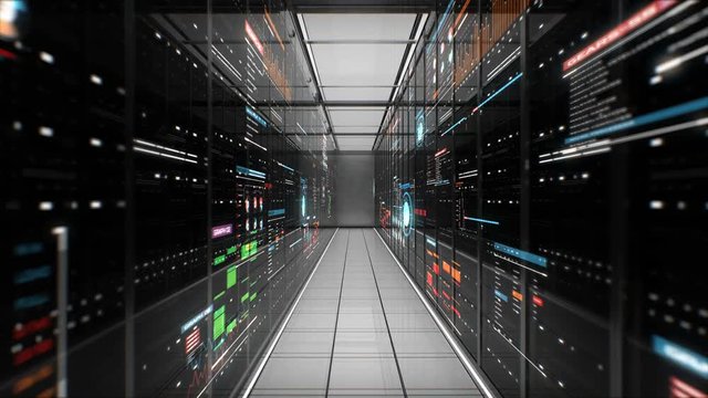 Slow penning view, Data cloud server room with various UI, 4k animation
