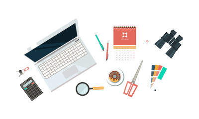 Workplace of designer, organization of working space, view from above vector Illustration on a white background