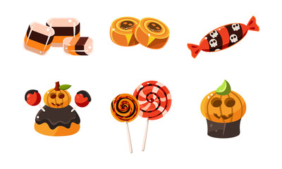 Fototapeta premium Collection of colorful halloween sweets, candies, cupcakes, lollipops vector Illustration on a white background