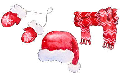 set of elements red hat, scarf, mittens