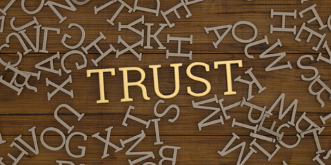 Golden trust text and steel alphabet on wooden board 3D illustration.