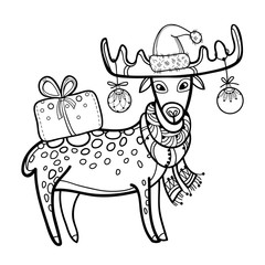 Vector greeting with outline cute cartoon deer with Santa cap and gift bag in black isolated on white background. Contour ornate deer and decoration for winter holiday design and coloring book.