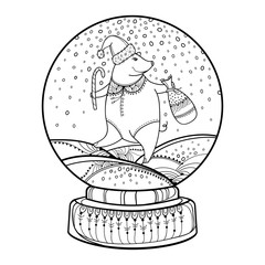Vector outline snow globe or snowball with falling snowflake and cute pig in black isolated on white background. Chinese New Year symbol of 2019. Contour decor for winter design or coloring book.