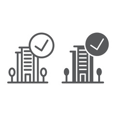 Verified line and glyph icon, hotel and review, hotel with tick sign, vector graphics, a linear pattern