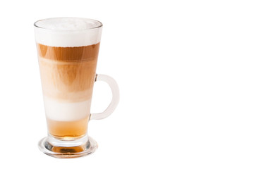Latte coffee isolated on white in a glass in layers