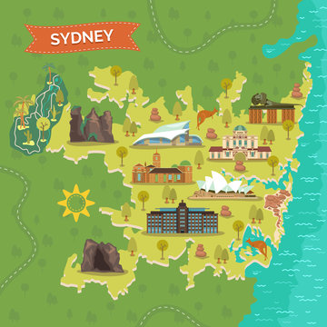 Map of Sydney with landmarks for sightseeing.