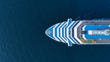 Aerial view of beautiful white cruise ship above luxury cruise concept tourism travel on holiday vacation time, webinar banner  forwarder mast - obrazy, fototapety, plakaty