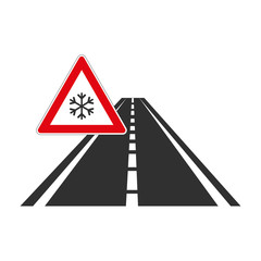 The road with warning sign on white background