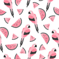 Seamless summer tropical trendy pattern with watercolor parrots and watermelon.