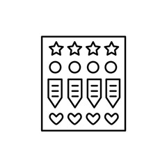 Black & white vector illustration of sticker pack with hearts, stars. Line icon of scrapbook tag set for diy craft projects. Isolated object