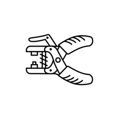 Black & white vector illustration of grommet pliers. Line icon of eyelets installer. Isolated object