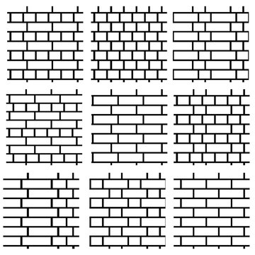 Brick wall background. Set of seamless vector patterns. Different types of bricklayers & masonry. Stretcher, running & english bond.