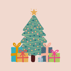 Vector of a christmas tree with lights, a star and gifts