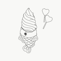Vector of an ice cream with lollipops and decoration candies and a fish cracker to line to paint