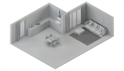 Modern house interior. Design project. Sketch. Orthogonal projection. 3D rendering.