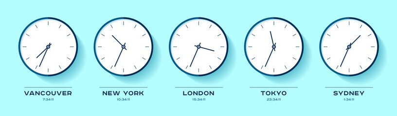 World time. Simple Clock icons in flat style. Vancouver, New York, London, Tokyo, Sydney. Watch on color background. Business illustration for you presentation. Vector design objects.