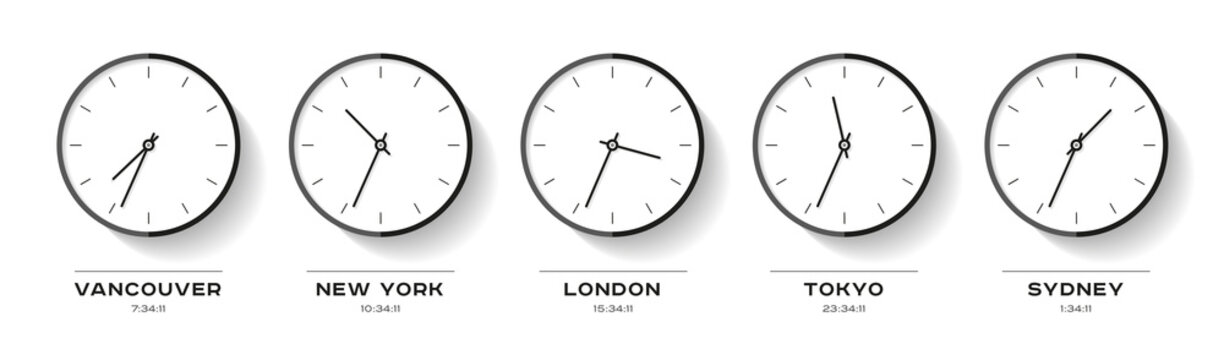 World time. Simple Clock icons in flat style. Vancouver, New York, London, Tokyo, Sydney. Black Watch on white background. Business illustration for you presentation. Vector design objects.