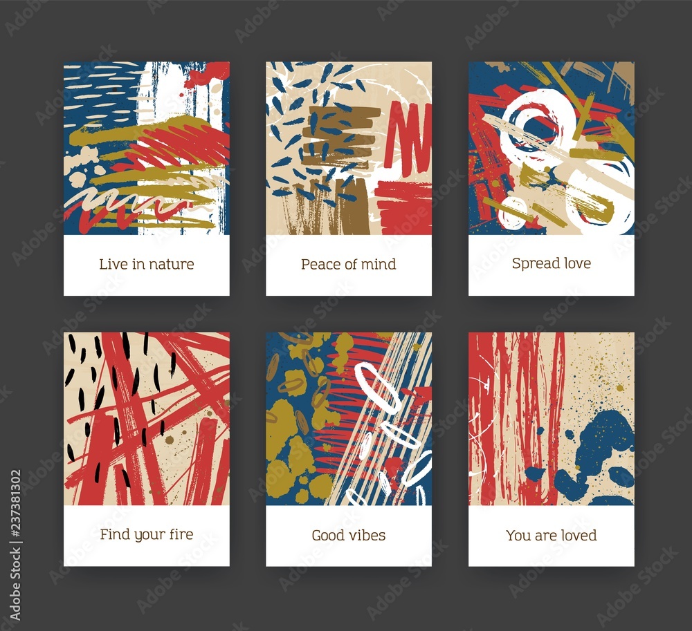 Aufkleber bundle of flyer or postcard templates with abstract hand drawn textures with colorful paint stains, 