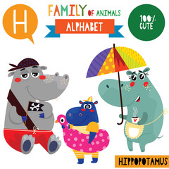 Letter H-Mega big set.Cute vector alphabet with family of animals in cartoon style.