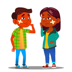 Sad Indian Child Girl, Boy With Cross With Scratch And Cross Medical Patch On Cheek Vector. Isolated Cartoon Illustration