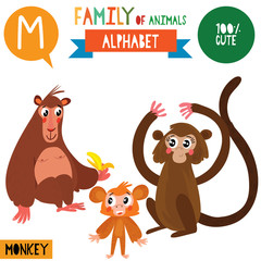 Letter M-Mega big set.Cute vector alphabet with family of animals in cartoon style.
