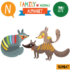 Letter N-Mega big set.Cute vector alphabet with family of animals in cartoon style.