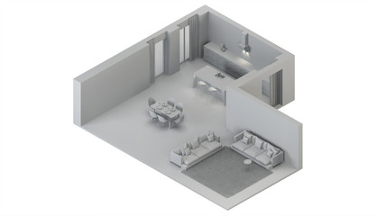 Modern house interior. Orthogonal projection. 3D rendering.