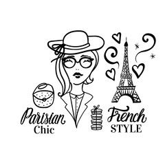 Parision chic lettering type. French Style woman Fashion black illustration woman. Vector hand sketch illustration