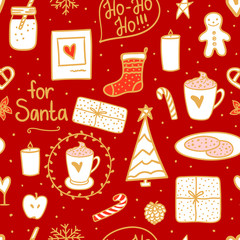 Hot Milk cocoa and cookies for Santa. Hand drawn Merry Christmas elements mood. Vector illustration nordic style red background.
