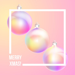 Christmas greeting card with holographic baubles or balls for christmas fir tree on bokeh background. Phrase Merry xmas