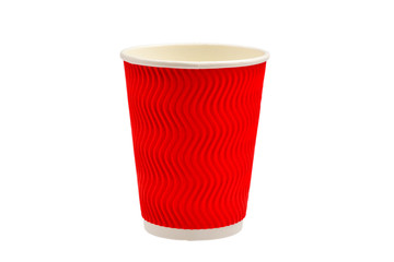 Paper cups for vaious drinks. Red, green, brown. Empty paper cups. Isolated on white.