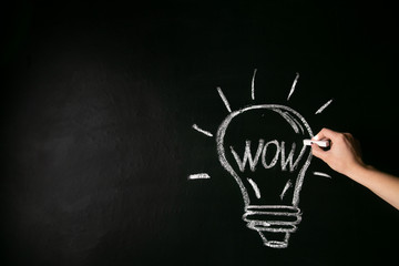 closeup female hand drawing a white chalk light bulb on a black board with the word wow