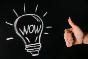 Closeup of female hand with raised thumb near chalked light bulb on black board with word wow