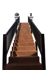 The staircase on white background. Stave is red and railing is black. The sunshine cause shadow of railing on staircase. Success staircase concept.
