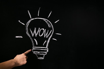 Closeup of female hand with raised index finger near chalked light bulb on black board with word wow