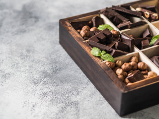 Wooden box with various slices of chocolate, hazelnuts and mint leaves on gray background. Copy space