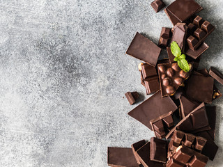 Various chocolate slices on a grey background sprinkled with mint leafs