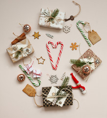 christmas decorations and gifts on the white background/holiday preparations/christmas and new year card/flat lay /top view