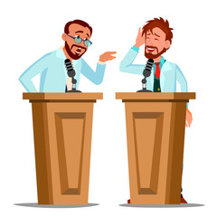 Two Talking Doctor Argue Behind The Tribune With Microphone At Conference Vector. Isolated Cartoon Illustration