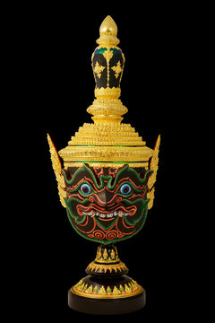 "Pha Rahu" design in Thai traditional actor's mask or Khon mask with pedestal design high detail with black isolated background
