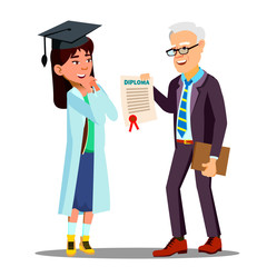 Asian Young Girl Student Doctor Receiving A Diploma Vector. Isolated Cartoon Illustration
