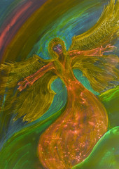 Psychedelic flying feminine angel. The dabbing technique near the edges gives a soft focus effect due to the altered surface roughness of the paper...