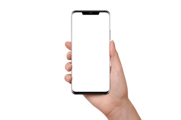 Female hand holding new modern black phone with empty screen on white background