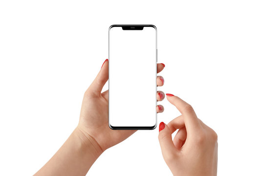 Female hand holding modern black phone in vertical position with empty screen on white background. Mockup