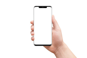 Male hand holding new modern black phone with empty screen on white background